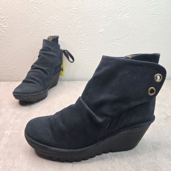 Fly London Yebi Wedge Ankle Booties Black Suede Comfort Chunky Platform Boots - Picture 1 of 12